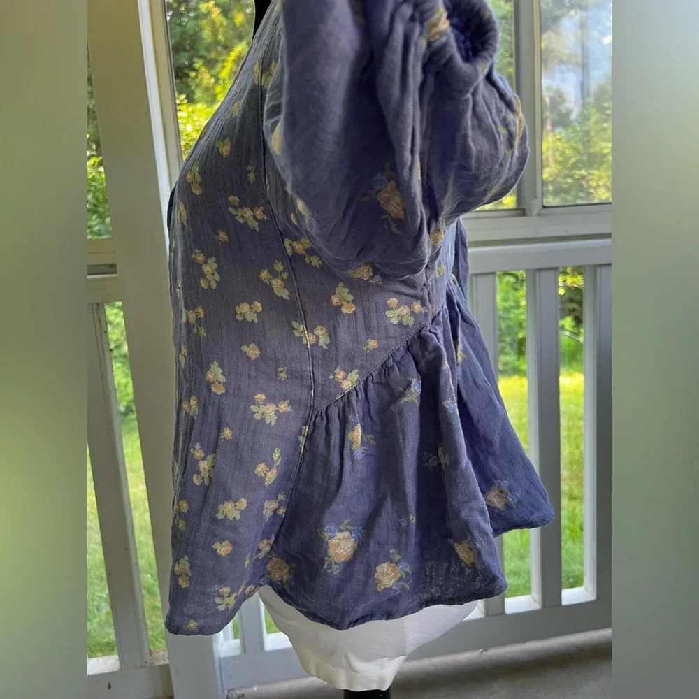 Free People Floral Puff Sleeve Top - Blue - Picture 3 of 8